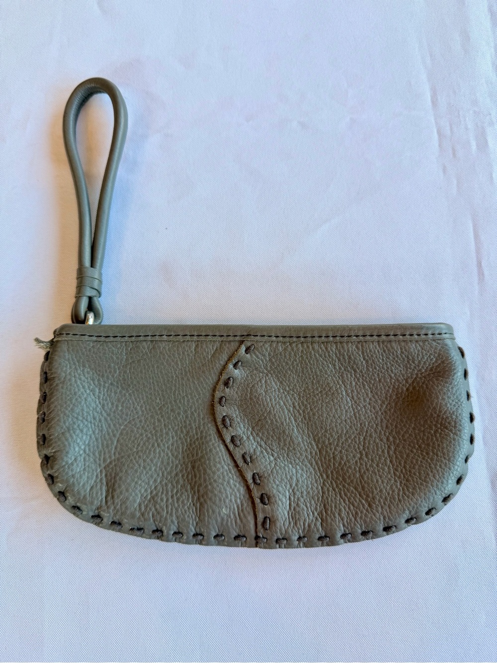 Lucky Brand Grey Leather Wristlet Pouch Whipstitch Detail